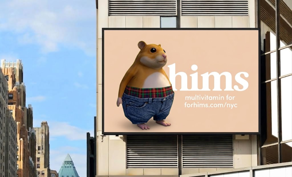 Himster on a city billboard next to the hims logo advertising multivitamins