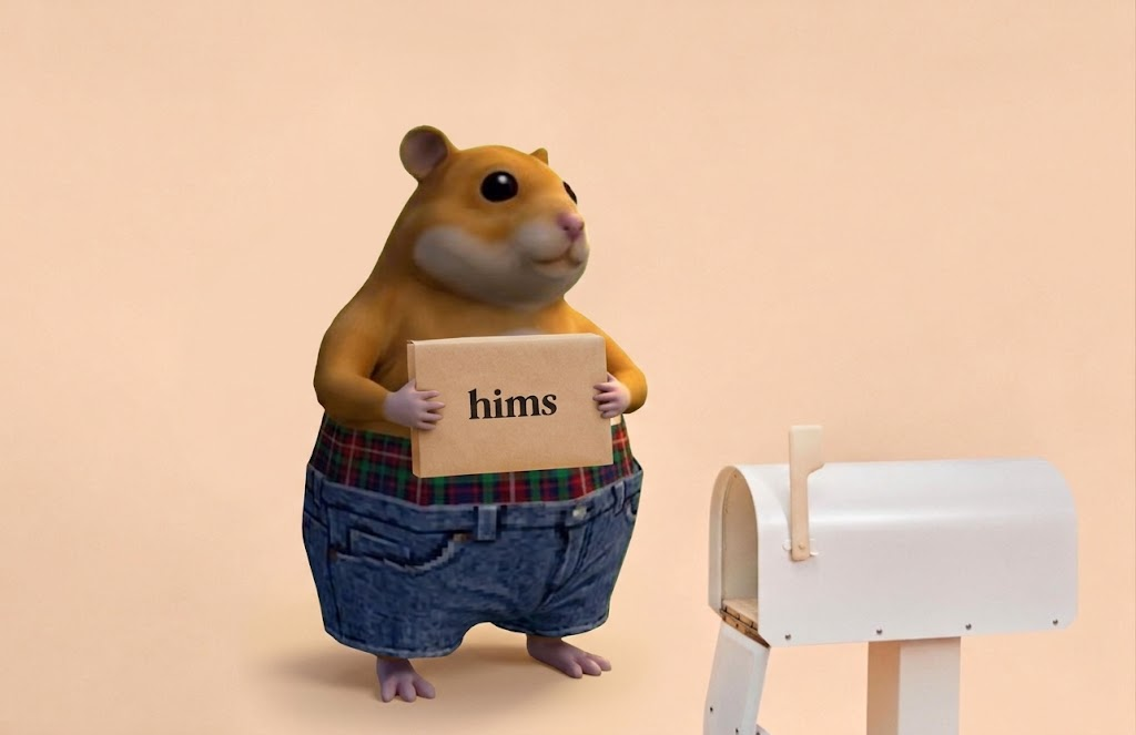 Himster holding a hims package next to a white mailbox