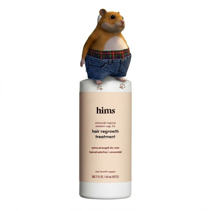 Himster standing on a hims hair regrowth treatment bottle