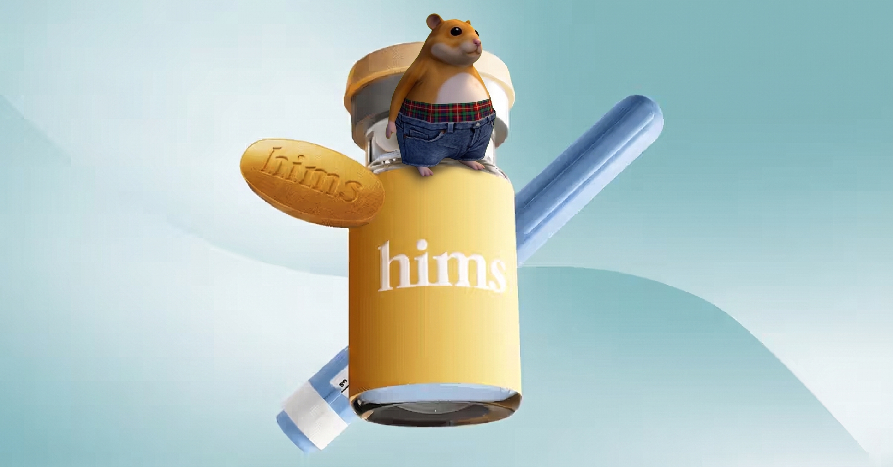 Himster sitting on a yellow hims bottle beside a gold hims pill