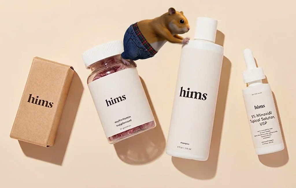 Himster climbing across hims-branded box, gummies, shampoo and minoxidil